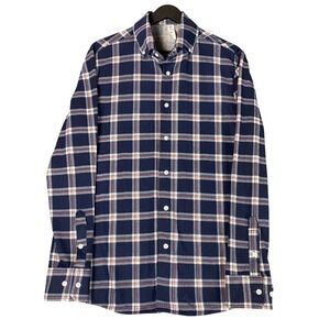State and Liberty Mens Athletic Fit Navy Plaid Performance Dress Shirt Large
